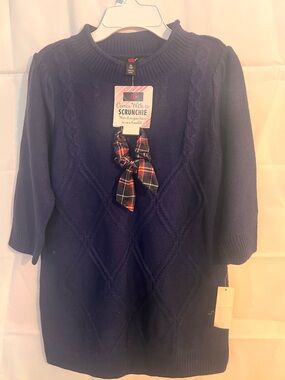 Girls Navy Cable-Knit Sweater with Plaid Bow Scrunchie